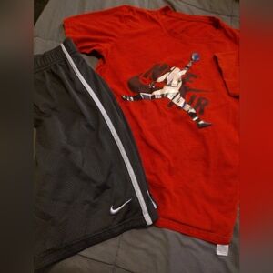 Nike Red Graphic Tee and Black Mesh Shorts